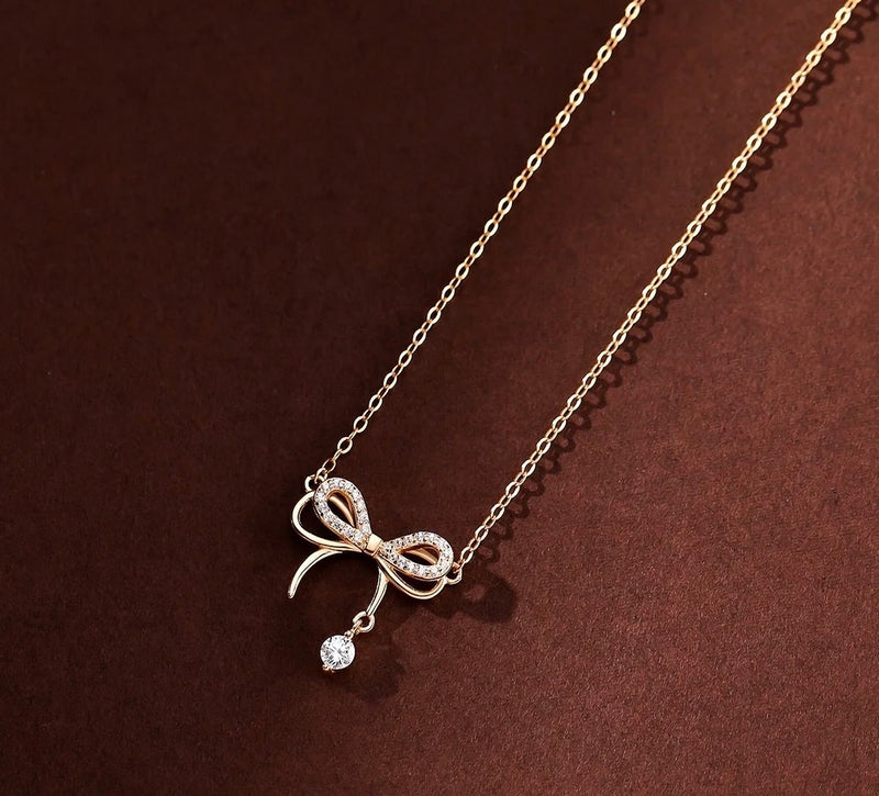 925 Sterling Silver Pretty Bow Zircon Necklace