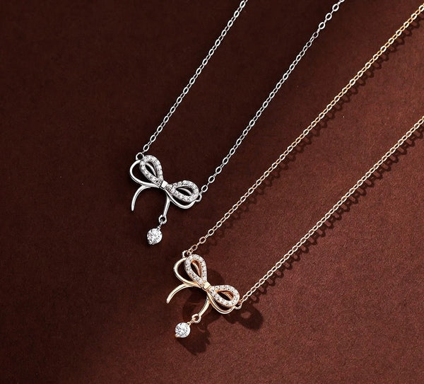 925 Sterling Silver Pretty Bow Zircon Necklace