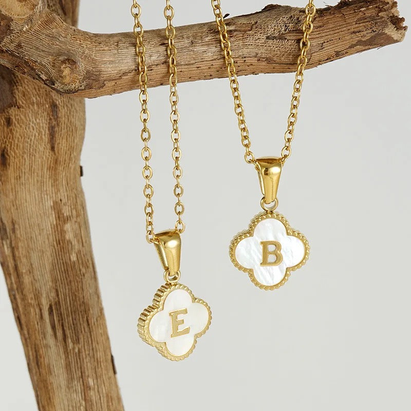 Gold A-Z Initial Four Leaf Clover Letter Necklace