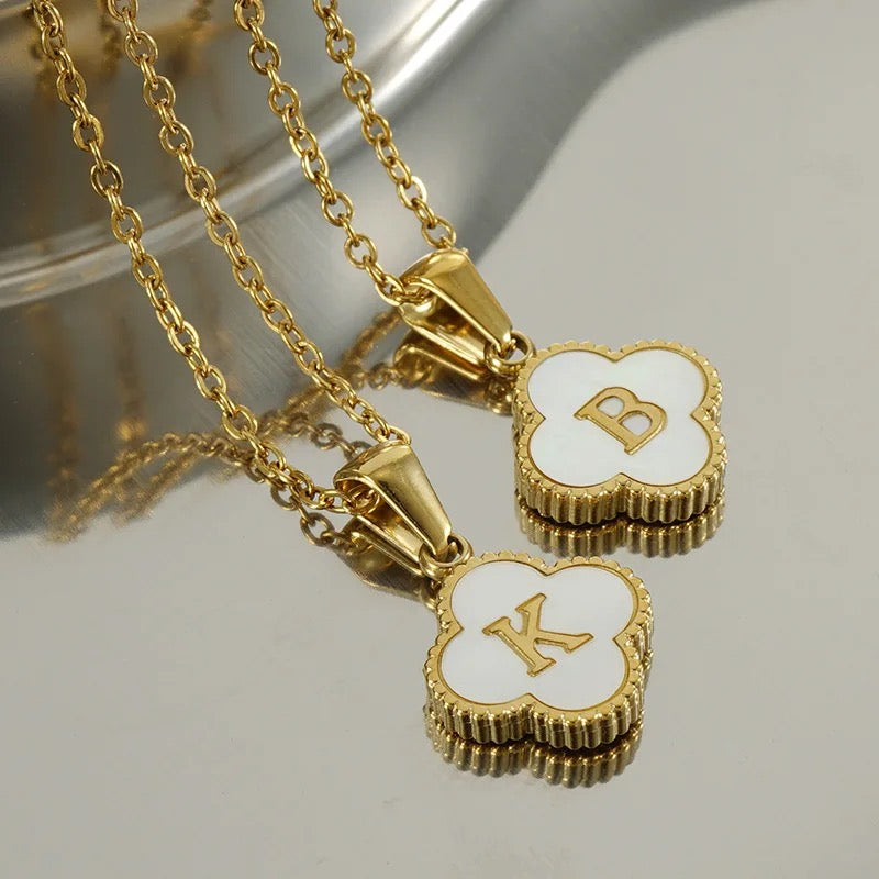 Gold A-Z Initial Four Leaf Clover Letter Necklace