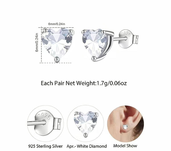 925 Sterling Silver Cubic Zirconia Sparkling Love Heart Ear Stud Earrings