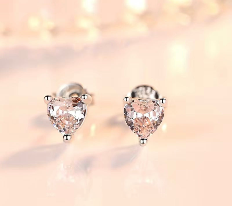 925 Sterling Silver Cubic Zirconia Sparkling Love Heart Ear Stud Earrings