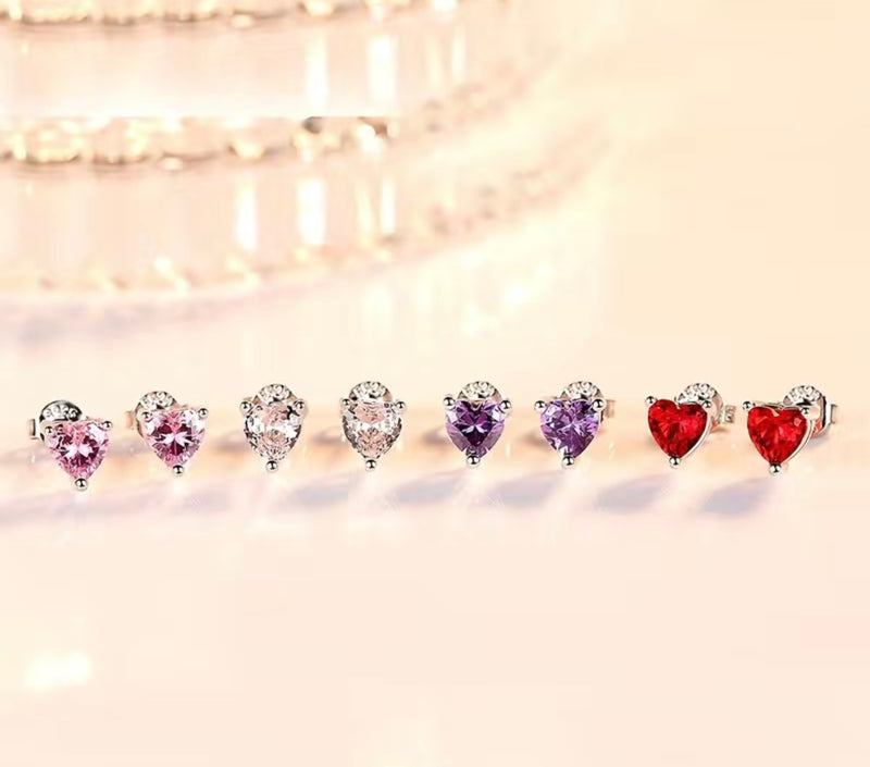 925 Sterling Silver Cubic Zirconia Sparkling Love Heart Ear Stud Earrings