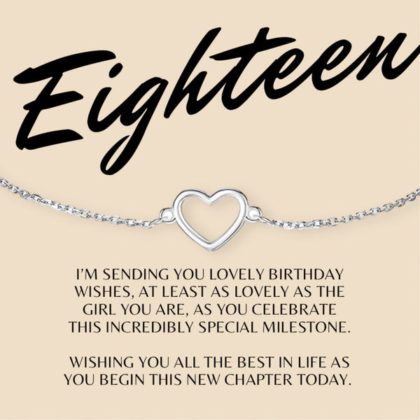 Eighteen (18th) Happy Birthday Sterling Silver Dainty Heart Gift Bracelet