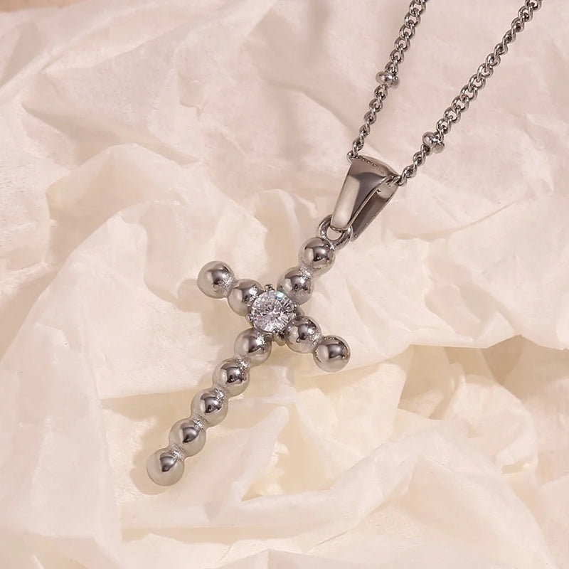 Dainty Zircon Cross Beaded Necklace