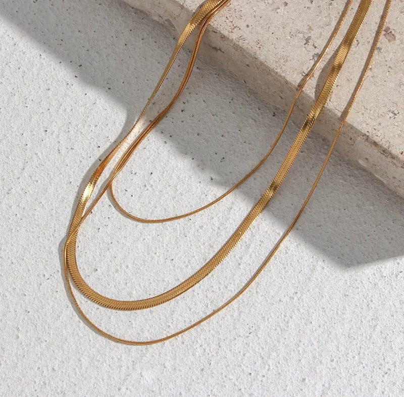 Gold Triple Piece Layer Snake Bone Chain Necklace