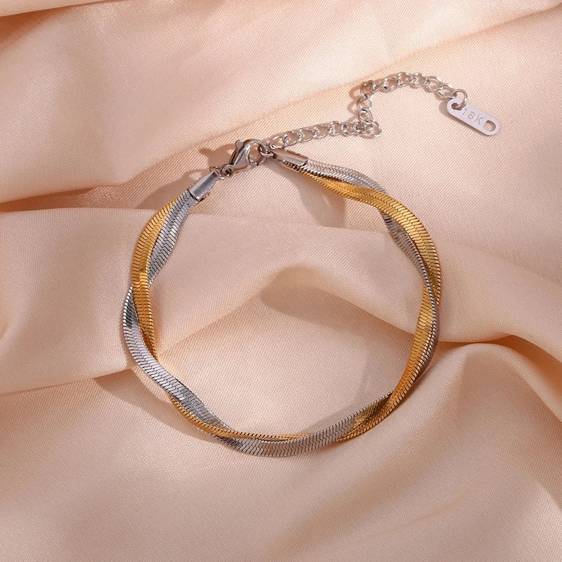 Gold and Silver Double Layer Woven Twisted Snake Chain Bracelet