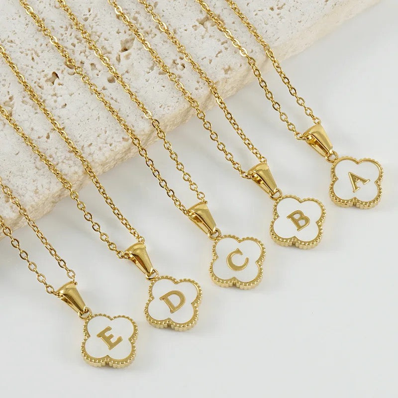 Gold A-Z Initial Four Leaf Clover Letter Necklace