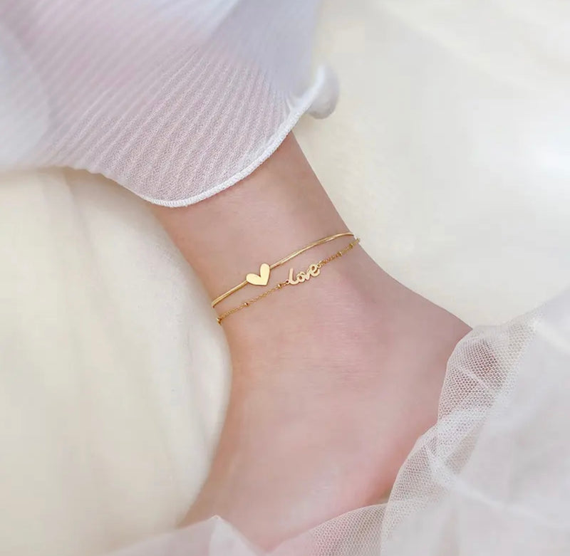 Gold Double Layer Love Heart Anklet