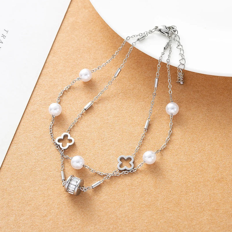 Double Multi Layer Clover Pearl Zircon Anklet Bracelet