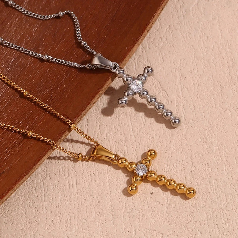 Dainty Zircon Cross Beaded Necklace