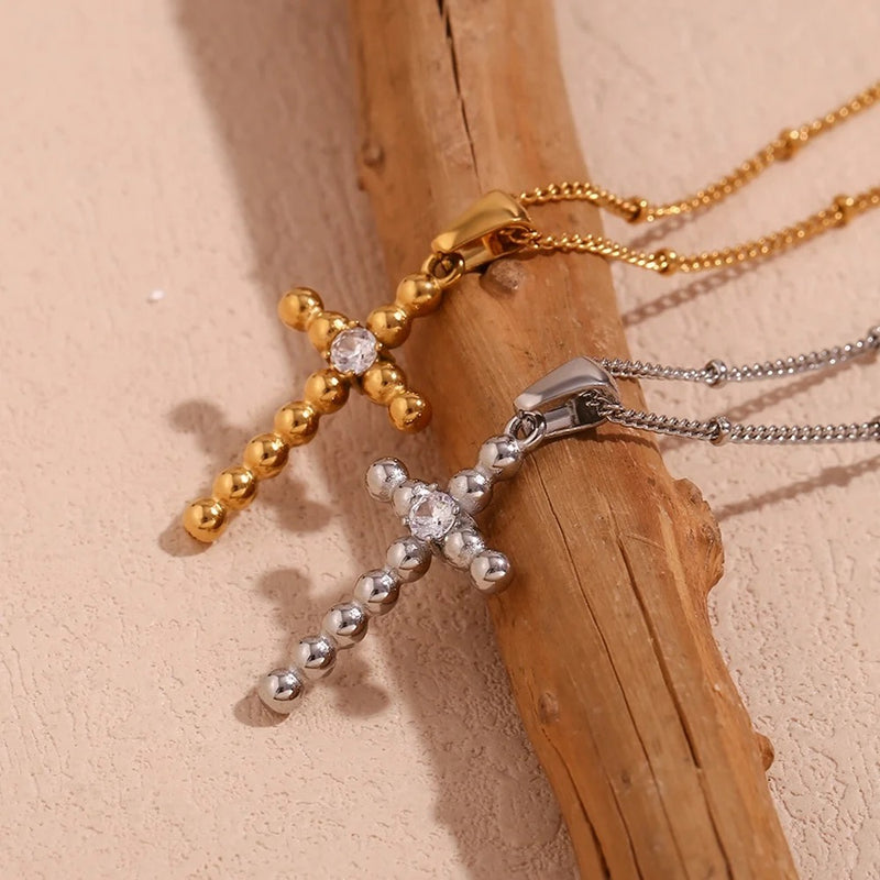 Dainty Zircon Cross Beaded Necklace