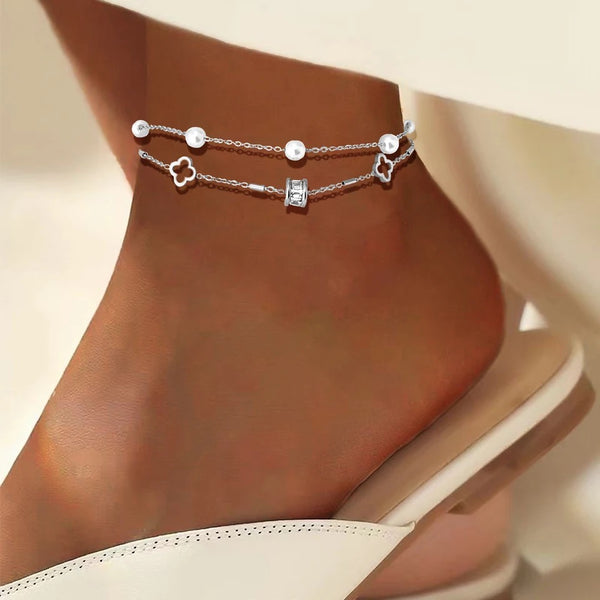 Double Multi Layer Clover Pearl Zircon Anklet Bracelet
