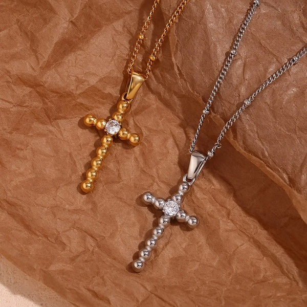 Dainty Zircon Cross Beaded Necklace