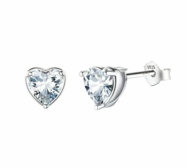 925 Sterling Silver Cubic Zirconia Sparkling Love Heart Ear Stud Earrings