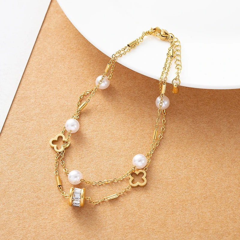 Double Multi Layer Clover Pearl Zircon Anklet Bracelet