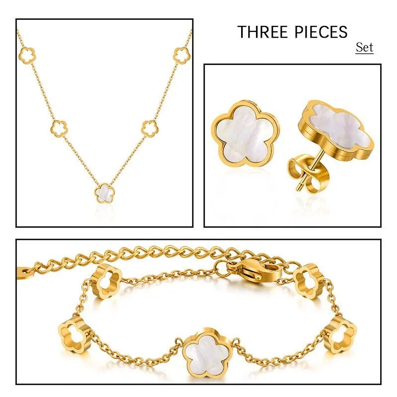 Gold White Lucky Clover Flower Leaf Shell 3Pcs/Set