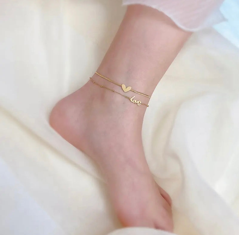 Gold Double Layer Love Heart Anklet
