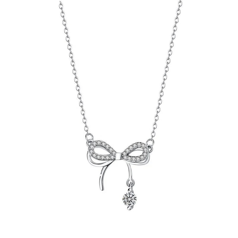 925 Sterling Silver Pretty Bow Zircon Necklace