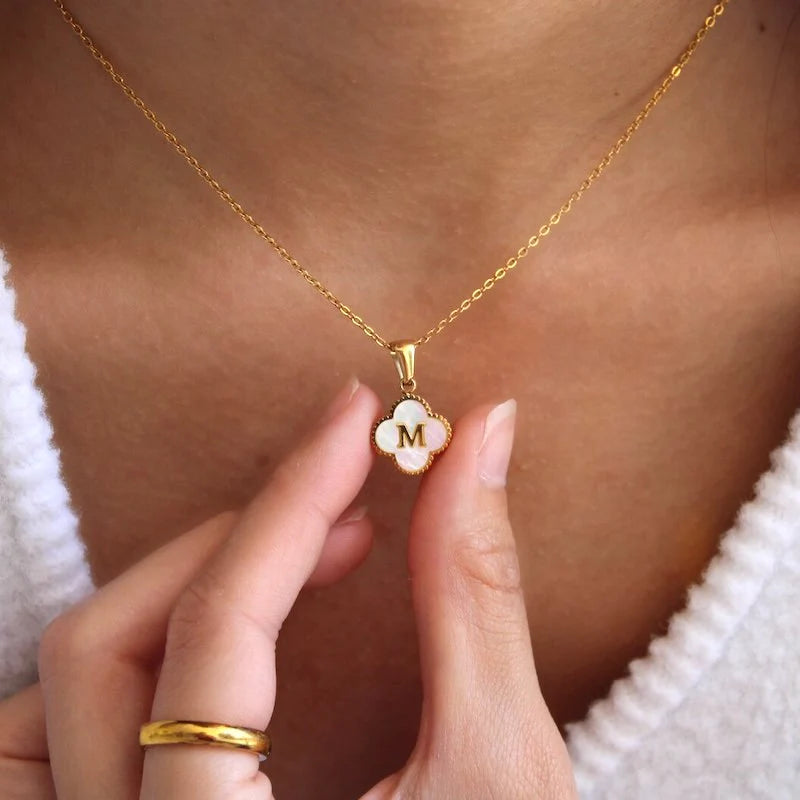 Gold A-Z Initial Four Leaf Clover Letter Necklace