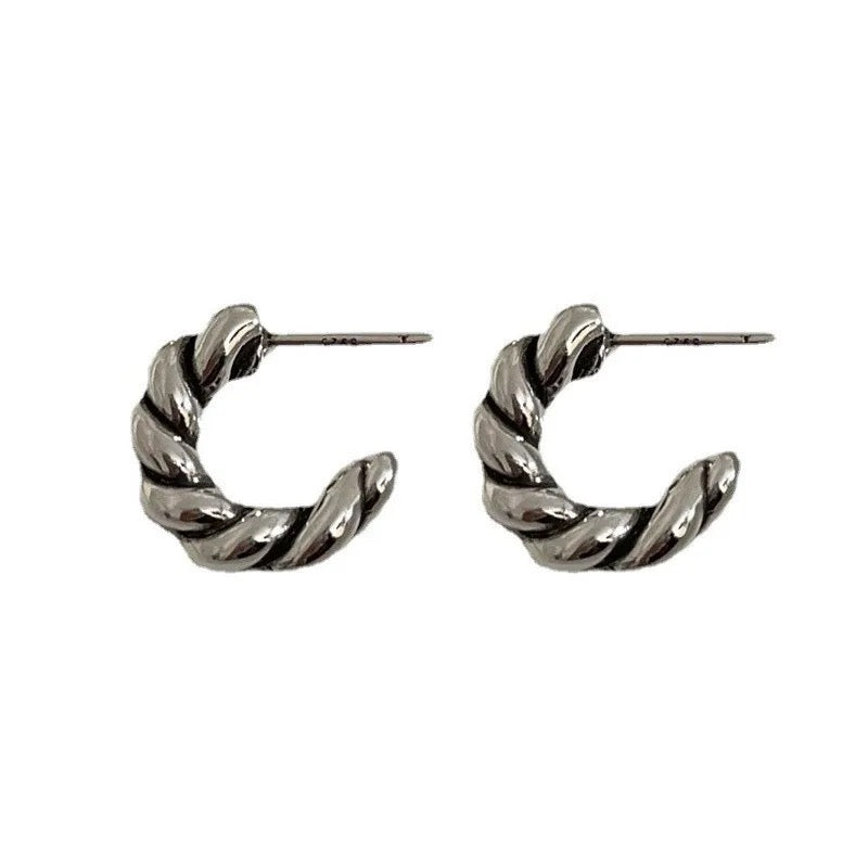 Sterling Silver 925 Knitted Twist Chunky Geometric Stud Earrings