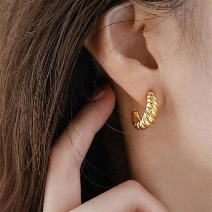 Gold Croissant Twisted Huggie Hoop Earrings