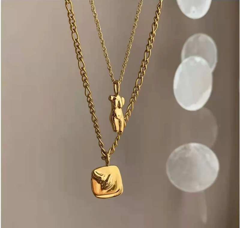 Gold Face Layered Pendant 18k Gold Plated Chain Necklace
