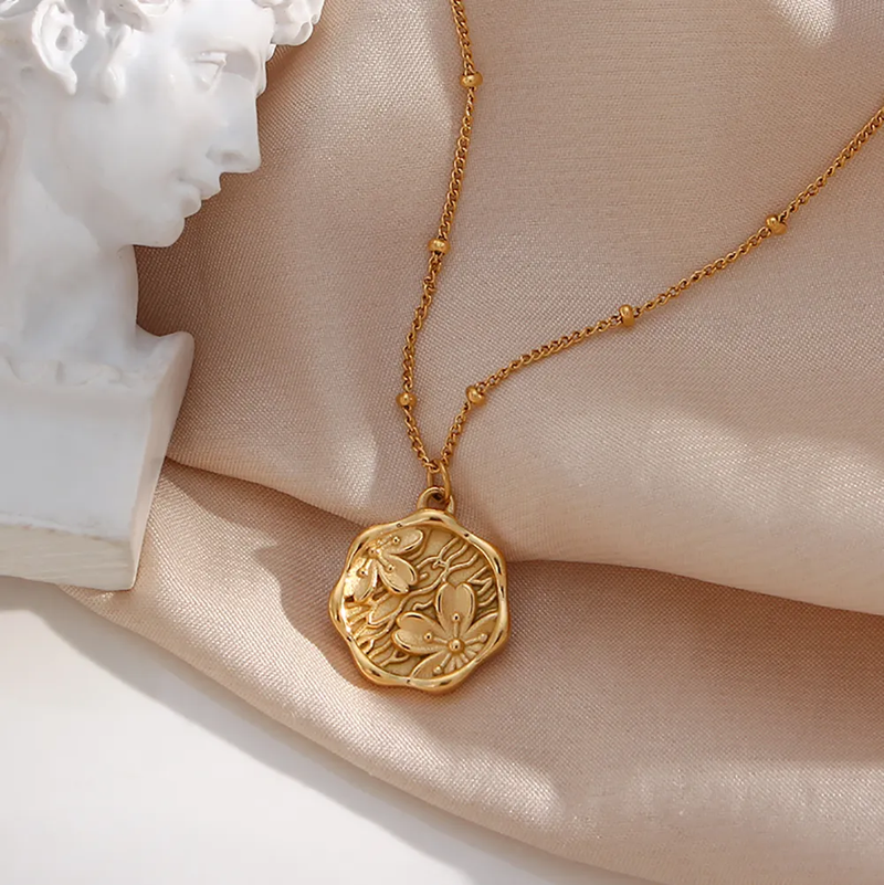 Gold Engraved Cherry Flower Coin Necklace