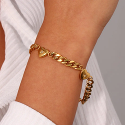 Gold Cuban Link Chain Love Heart Charm Bracelet