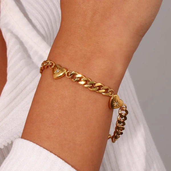 Gold Cuban Link Chain Love Heart Charm Bracelet