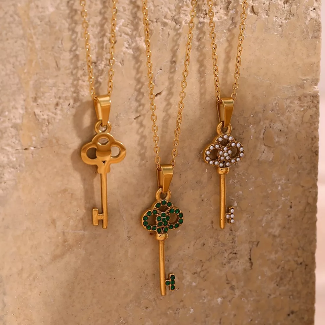 Gold Cubic Zirconia Key Pendant Necklace