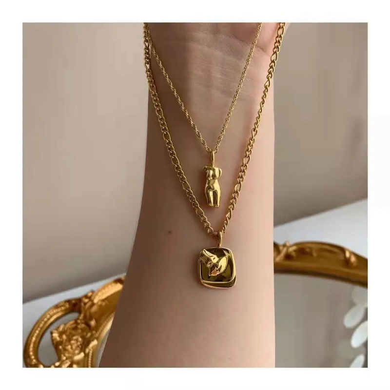 Gold Face Layered Pendant 18k Gold Plated Chain Necklace