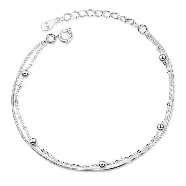 925 Sterling Silver Adjustable Double Layer Beaded Snake Chain Bracelet
