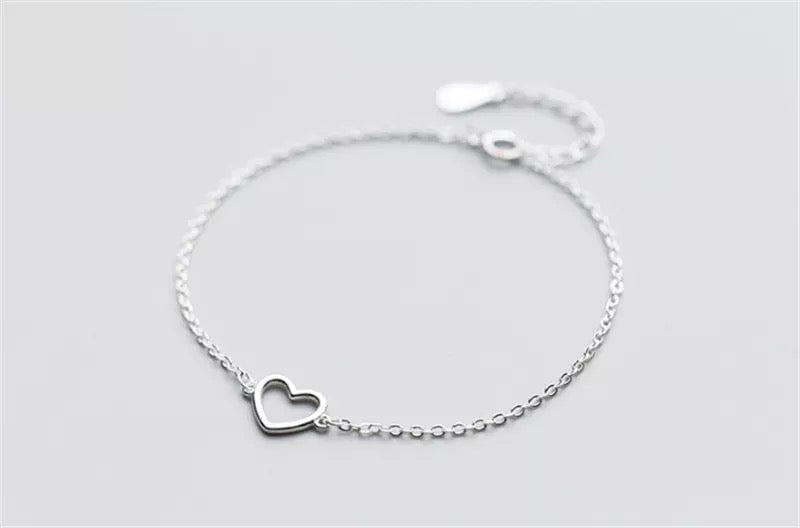 925 Sterling Silver Adjustable Dainty Heart Charm Bracelet