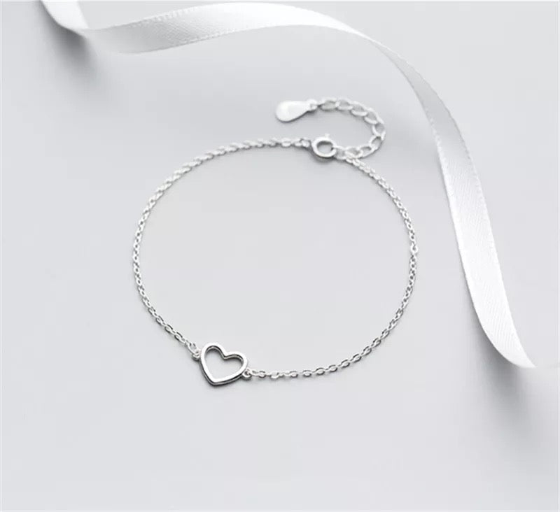 925 Sterling Silver Adjustable Dainty Heart Charm Bracelet