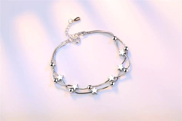 925 Sterling Silver Tiny Twinkle Stars Charm Beaded Star Bracelet Link Bracelet Adjustable Length