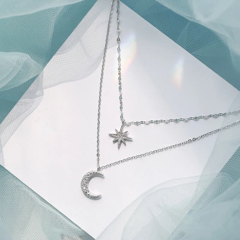 925 Sterling Silver Double Layer Necklace Shiny Pendant Crescent Moon and star