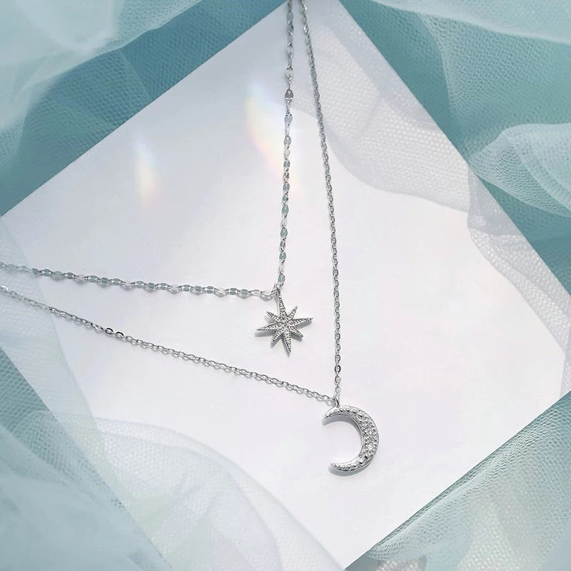 925 Sterling Silver Double Layer Necklace Shiny Pendant Crescent Moon –  Randall & Co Jewellery
