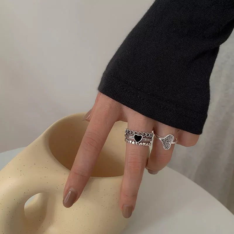 Sterling Silver Onyx Love Heart Adjustable Oxidised Ring