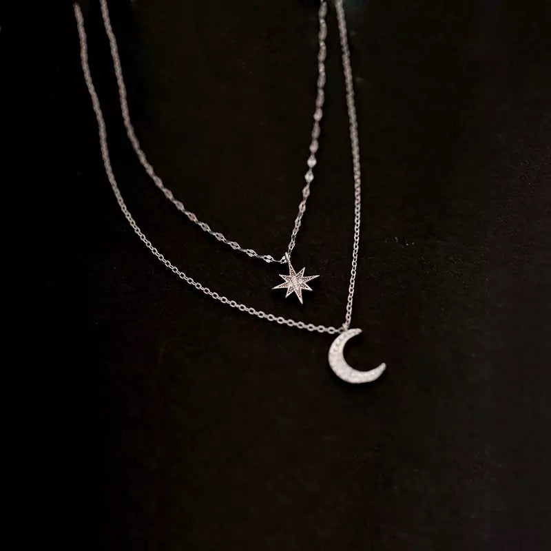 925 Sterling Silver Double Layer Necklace Shiny Pendant Crescent Moon and star