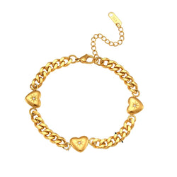 Gold Cuban Link Chain Love Heart Charm Bracelet
