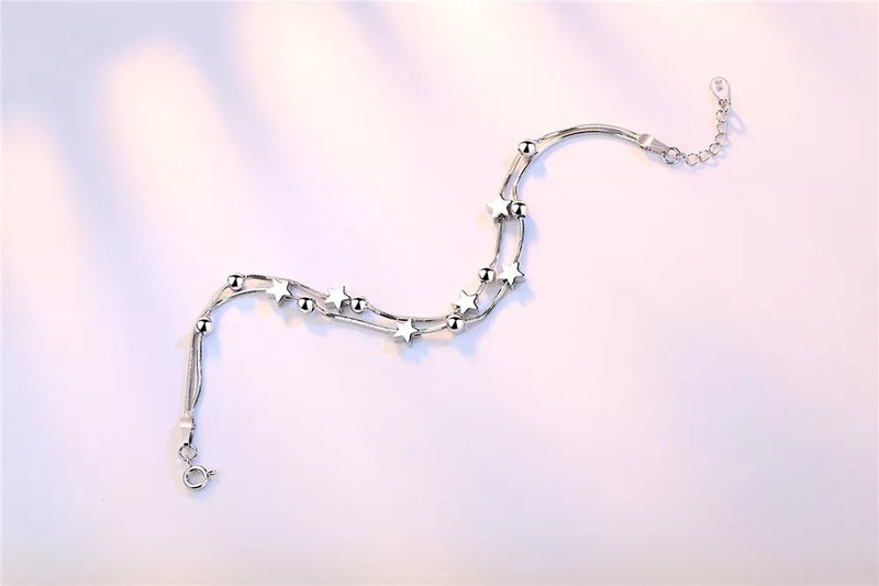 925 Sterling Silver Tiny Twinkle Stars Charm Beaded Star Bracelet Link Bracelet Adjustable Length