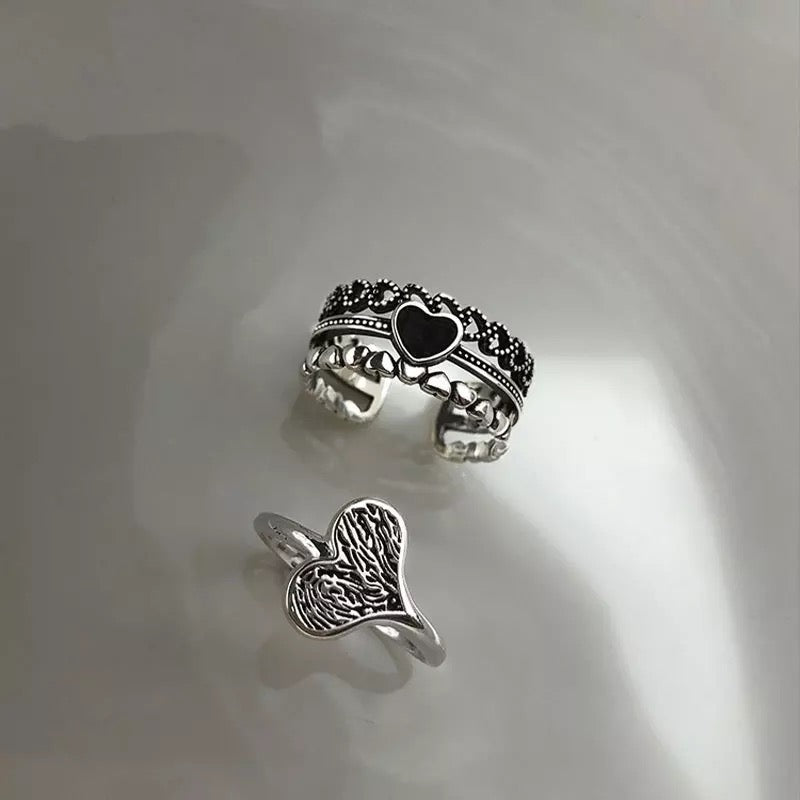 Sterling Silver Onyx Love Heart Adjustable Oxidised Ring